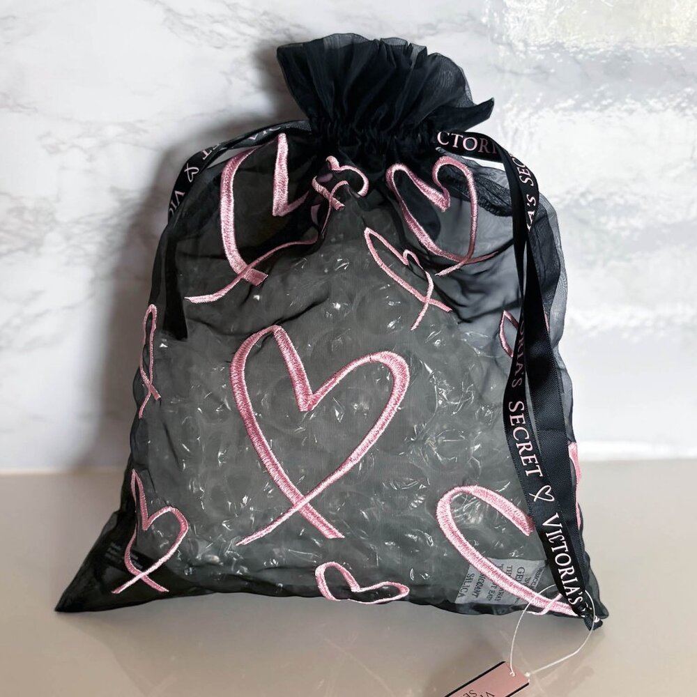 Victoria's Secret Lingerie Laundry Bag Drawstring Black Sheer Embroidered Heart